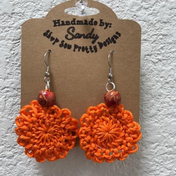 Handmade Crochet Boho Earrings Beaded Silver Cotton New Orange - Picture 2 of 3